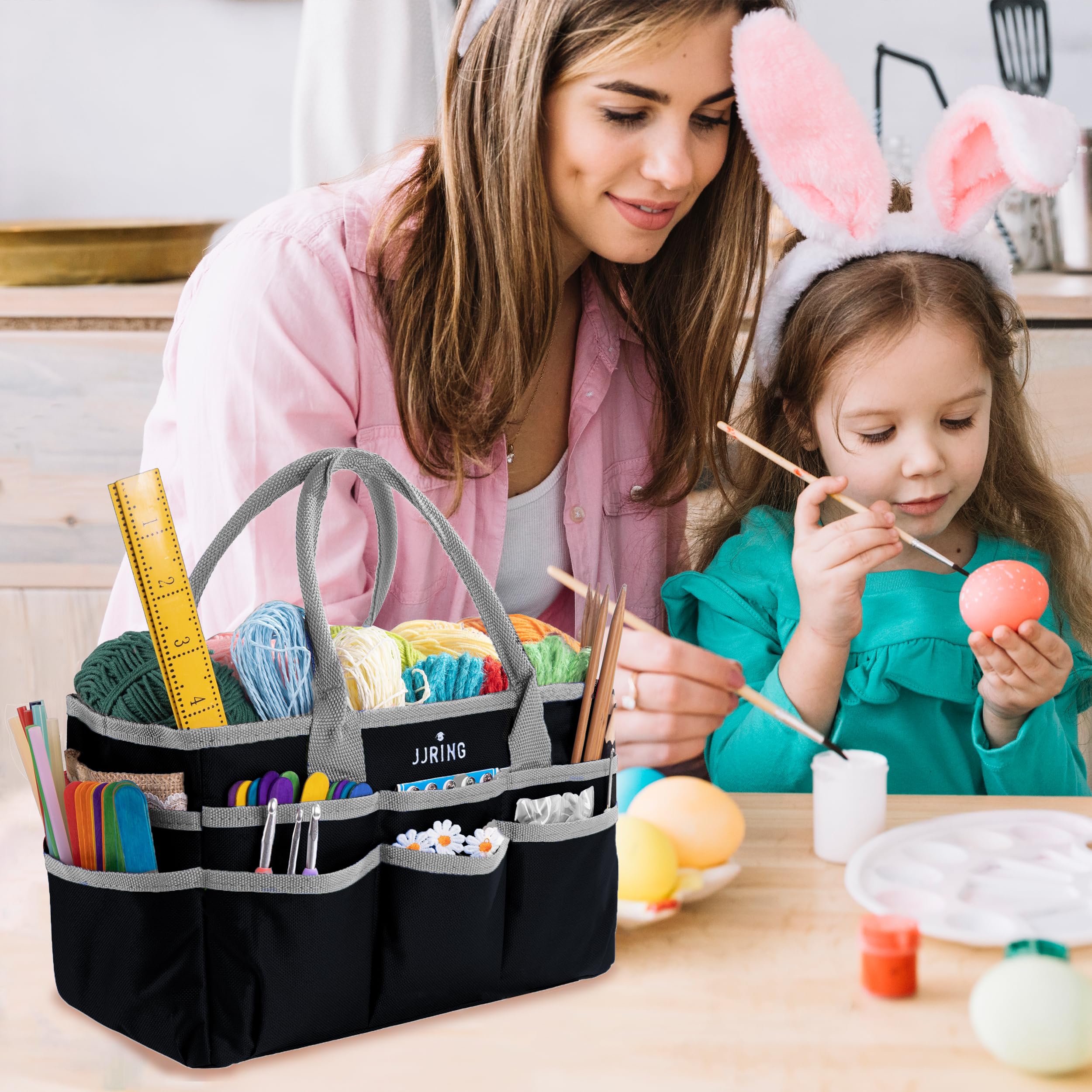 Jjring Craft and Art Organizer Tote Bag - 600D Silver Nylon Fabric Art Caddy with Pockets - for Art, Craft, Sewing, Medical, and Office Supplies Storage