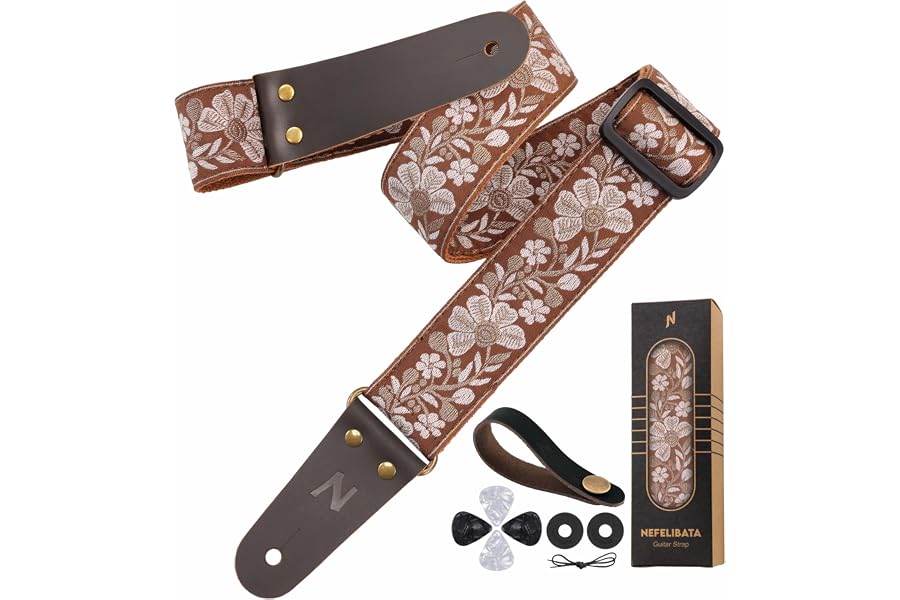 Nefelibata Guitar Strap 2" Embroidery Full Grain Leather Ends Guitar Straps with Hidden Pocket, for Bass, Electric and Acoustic Guitars, with Strap Button, Locks and Picks