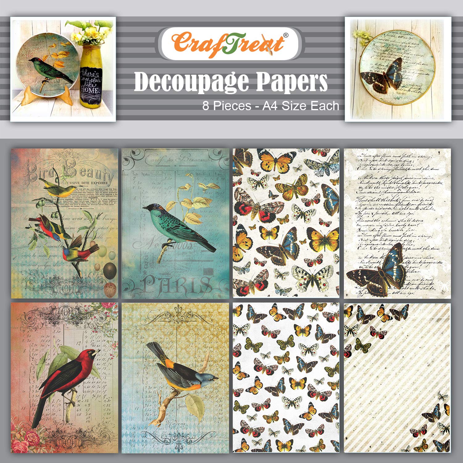 CrafTreat Reusable Bird and Butterfly Decoupage Paper for Crafts and Furniture - A4 (8.3 x 11.7 Inch) 8 Pcs - Colorful Scrapbooking Paper