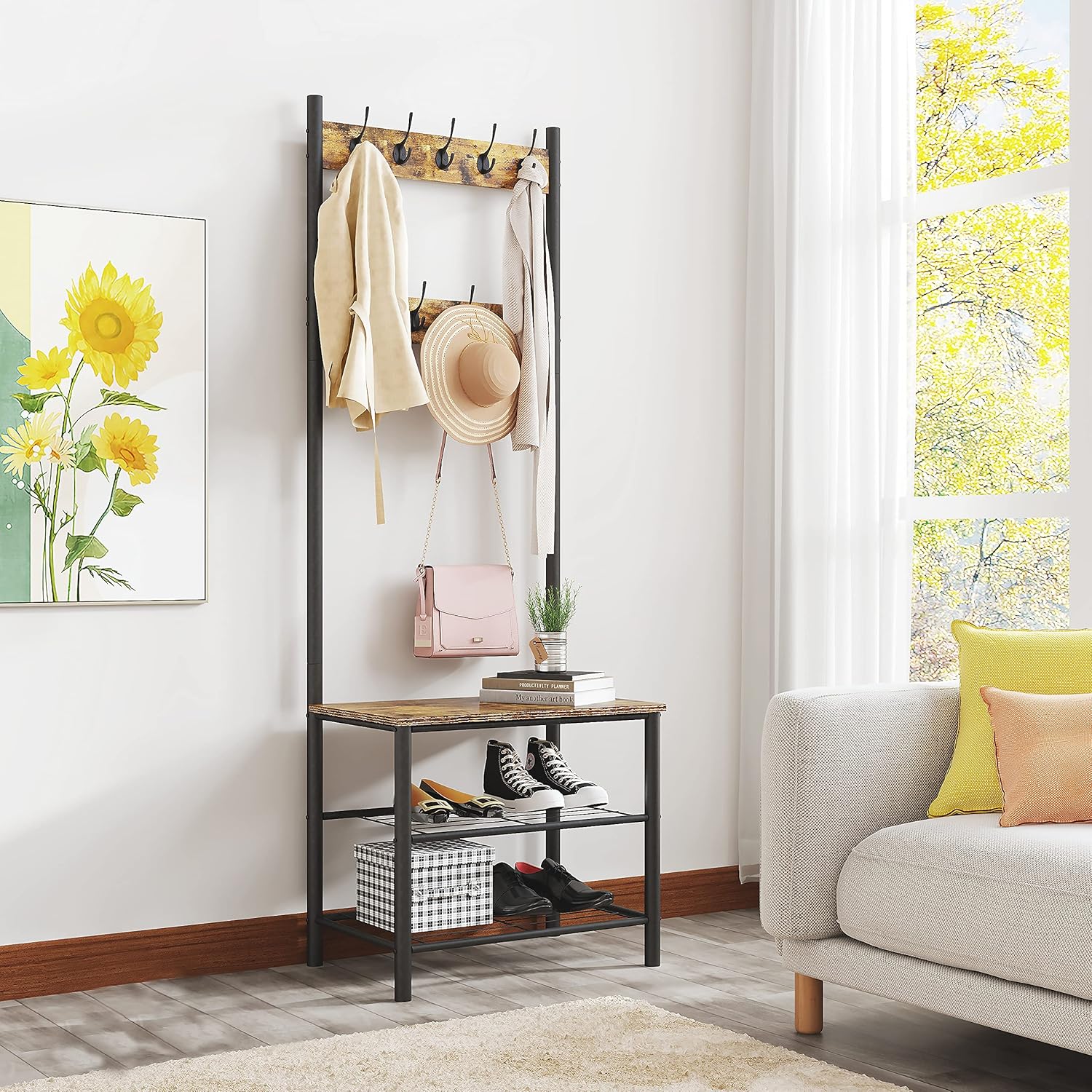 Gadroad Coat Rack, Shoe Bench, 3-in-1 Entryway Hall Tree with Storage Shelf and 9 Hooks, Accent Furniture with Metal Frame, Rustic Brown and Black: Home Improvement