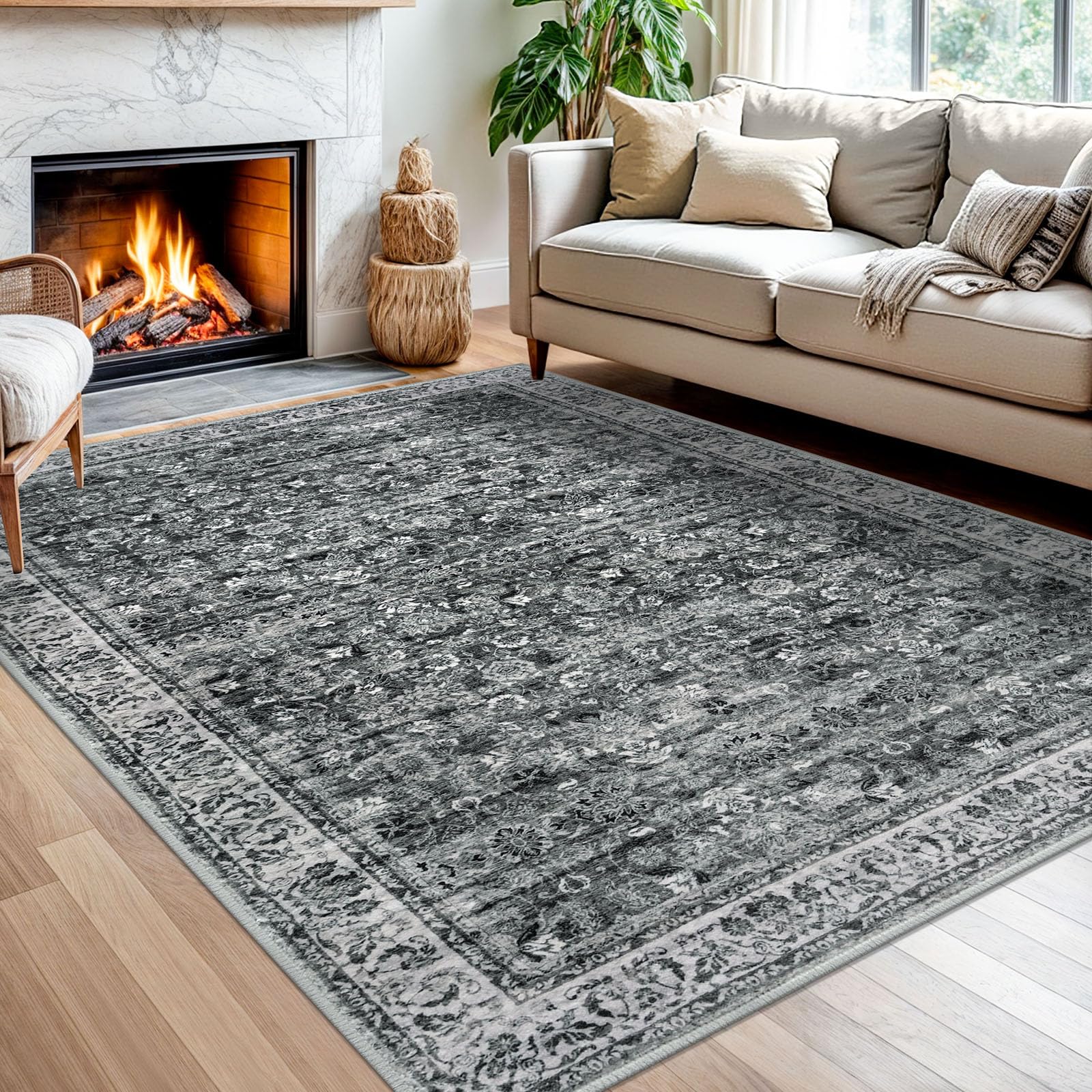 SIILOOM Moss Charcoal 5x7 Area Rug for Living Room, Large Vintage Rug with Non-Slip, Non-Shedding Washable Rugs for Bedroom, Soft Traditional Floral Carpet for Farmhouse Nursery Office Home Décor Image SIILOOM Moss Charcoal 5x7 Area Rug for Living Room, Large Vintage Rug with Non-Slip, Non-Shedding Washable Rugs for Bedroom, Soft Traditional Floral Carpet for Farmhouse Nursery Office Home Décor Image