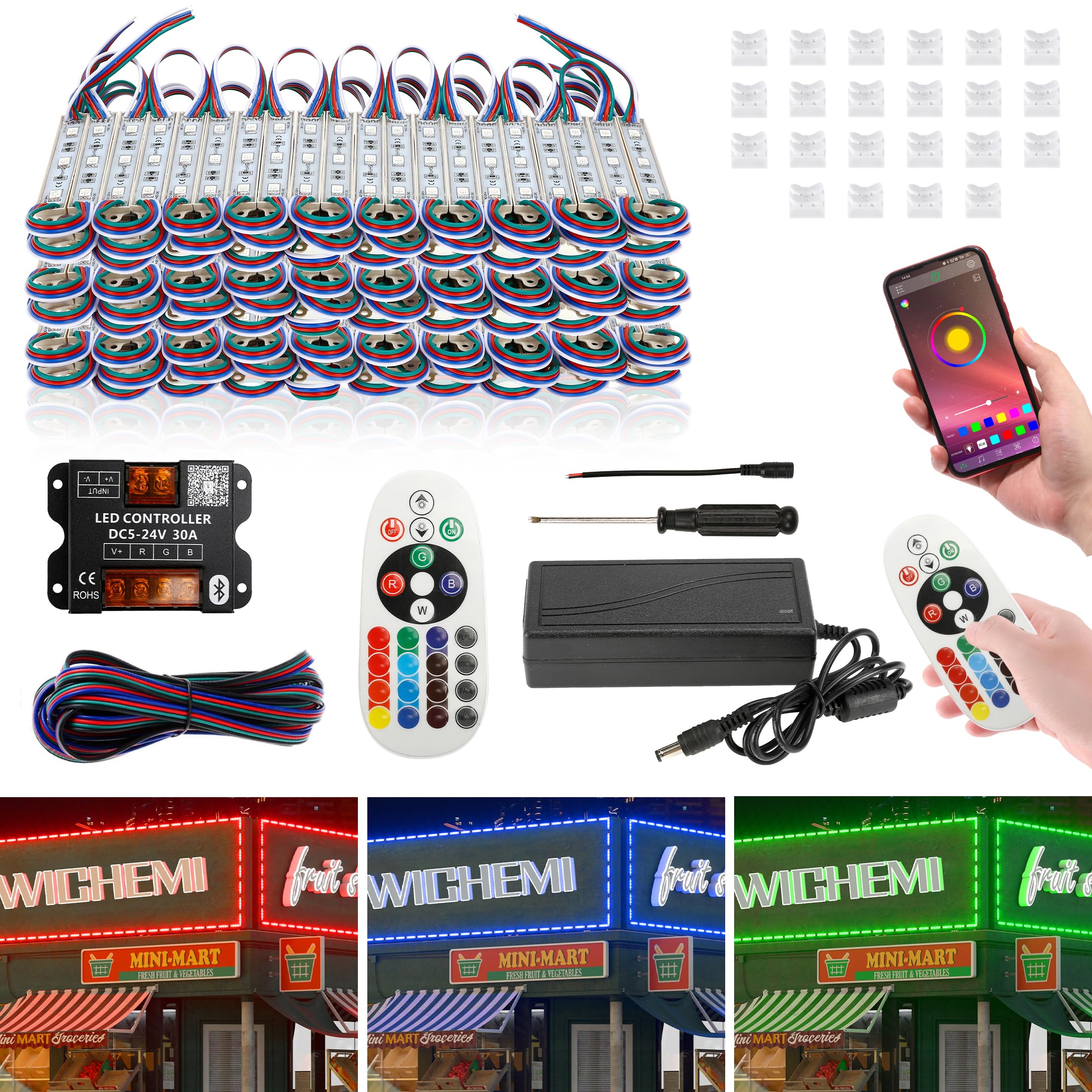 Photo 1 of WICHEMI Storefront LED Lights Bluetooth APP Control LED Modules for Signs 100ft 200PCS 3 Led 5050 SMD RGB LED Strip Lights Business Window Lights Super Bright Waterproof for Store Advertising Décor