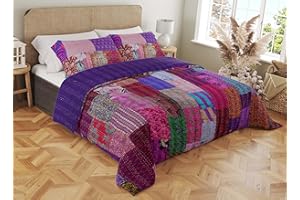 Marubhumi Indian Handmade Vintage Kantha Paradise Quilt, Reversible Kantha Quilt with Pillow Covers, Indian Silk Sari Patchwork Purple - King 108 x 108 Inches