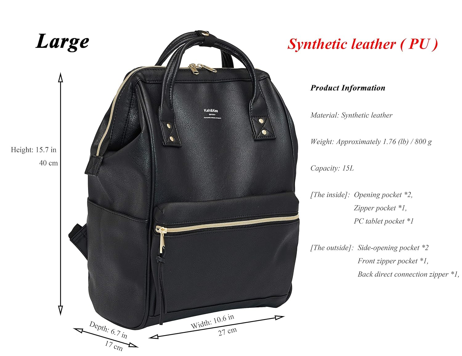 Black Kah Kee Leather Backpack Diaper Bag With Laptop Compartment Travel School For Women Man