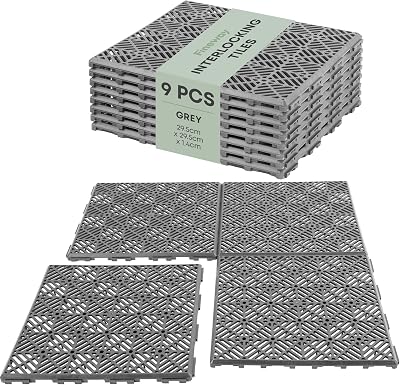 FiNeWaY 9pc Garden Plastic Tiles Interlocking Grey Non-Slip Weatherproof