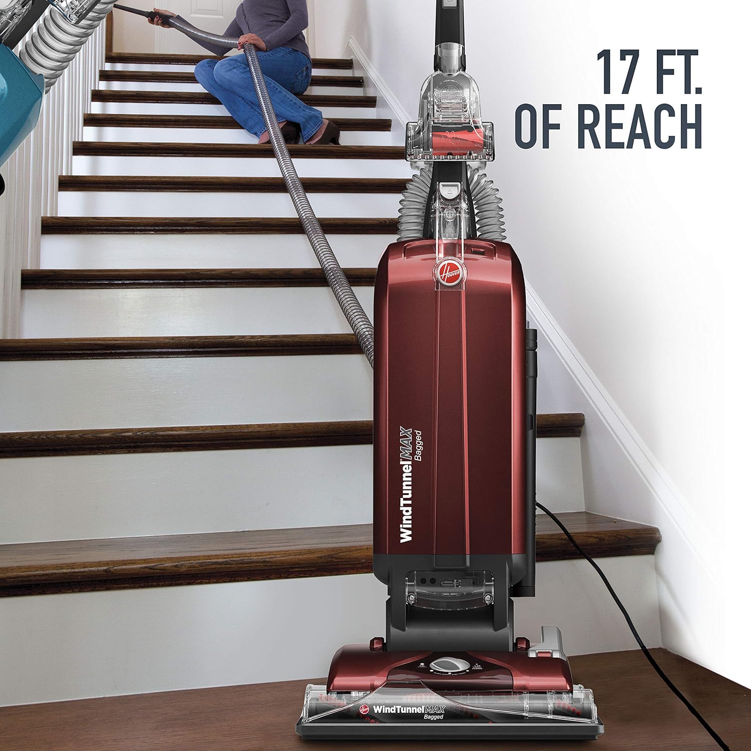 Hoover UH30600 WindTunnel Max Bagged Upright Vacuum Cleaner, with HEPA Media Filtration, 30ft. Power Cord, Red: Home & Kitchen