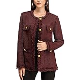 M.Infisavo Women’s Tweed Blazer Jackets with Pockets, Long Sleeve Open Front Crewneck Collarless Elegant Casual Cardigan
