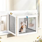 Cat Window Box with Clear Roof, Fits 25"-43" Vertical Windows | Outdoor Catio Window Perch, Wooden Enclosure, Acrylic Roof, Bug-Proof Mesh, PVC Curtain, Sunbathing And Napping