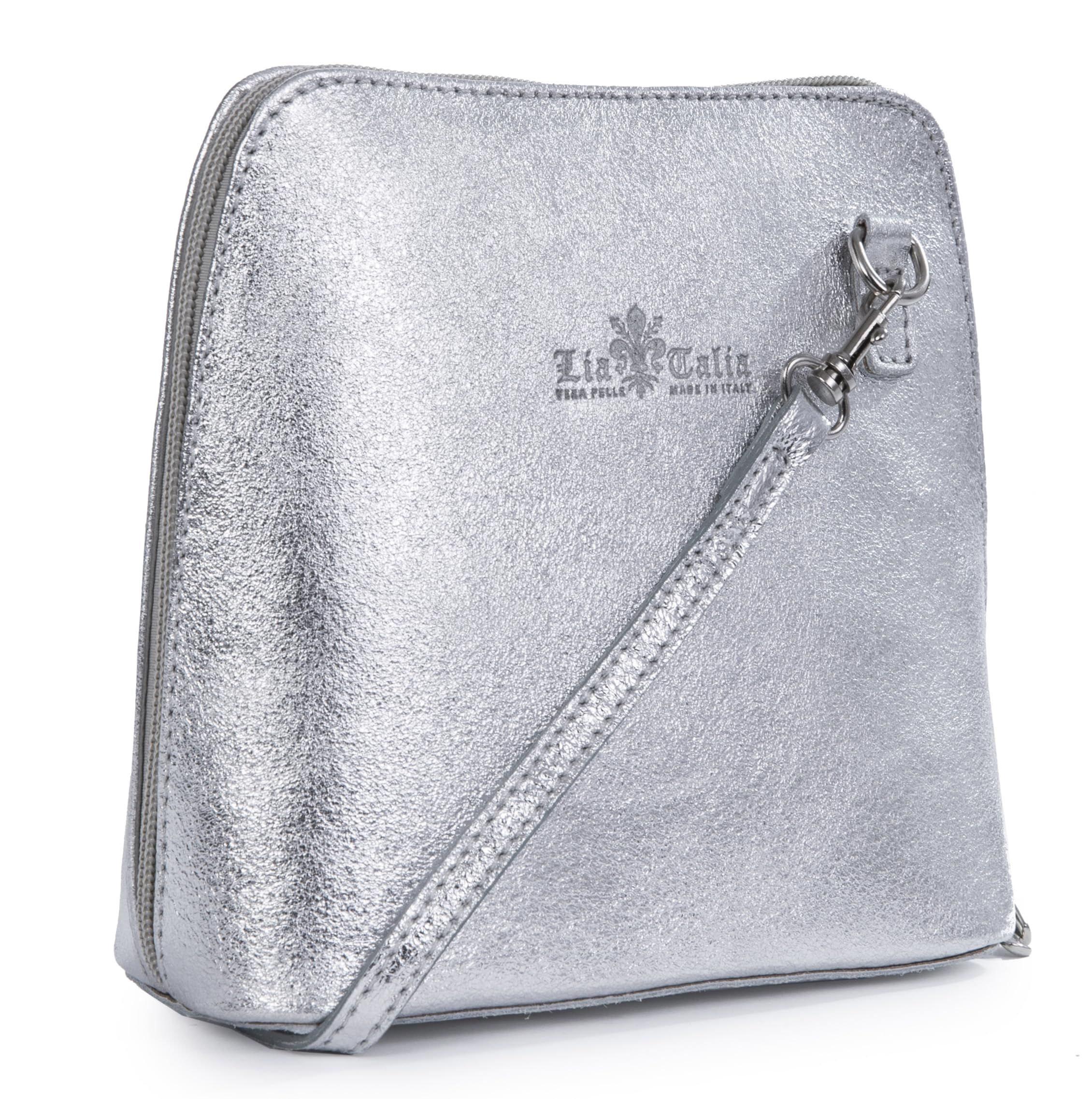 LiaTalia Stylish Genuine Italian Leather Small Crossbody Bag for Women - Handmade in Florence Tuscany - Abby [Metallic - Silver]
