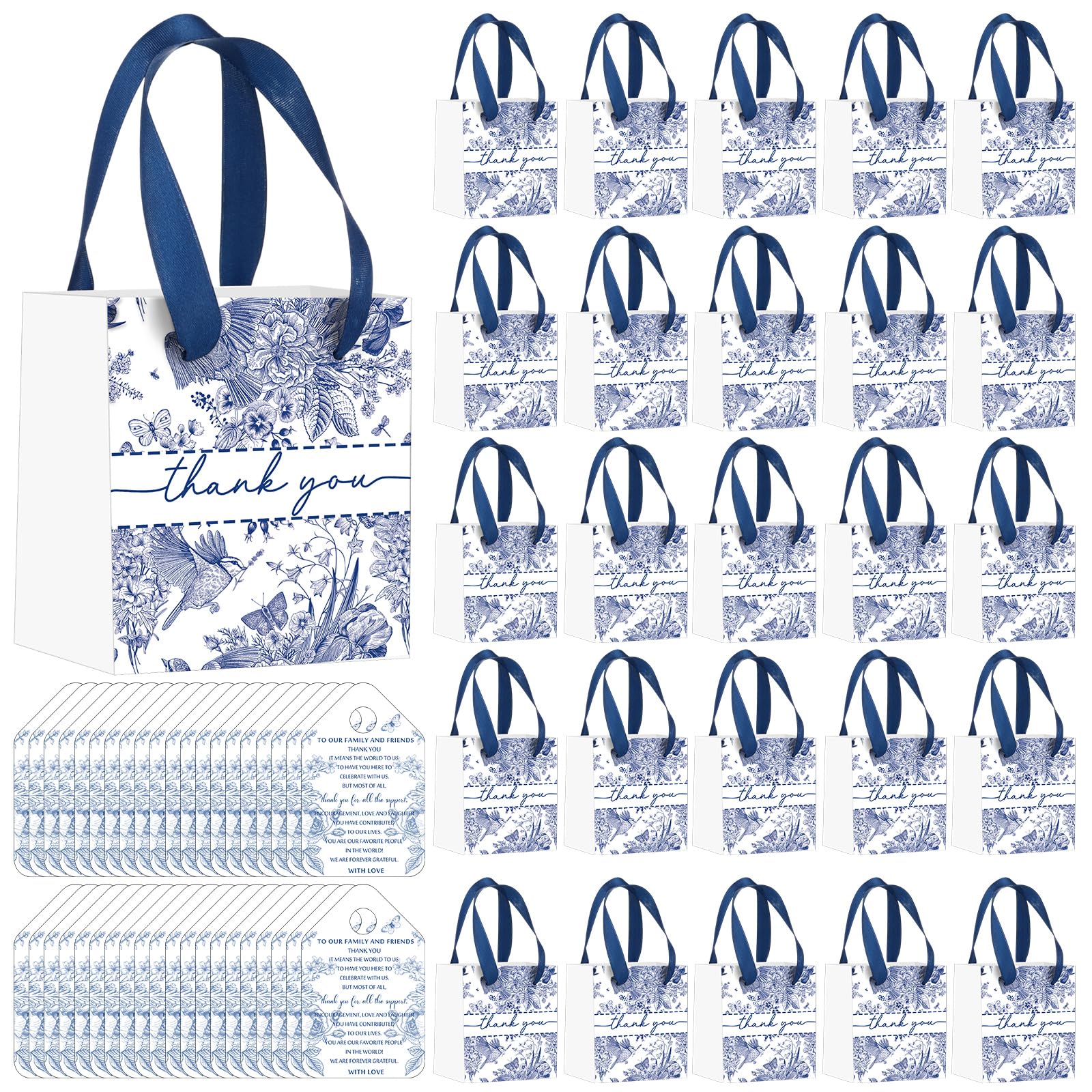 Photo 1 of Kolldenn 50 Pack Small Blue Floral Gift Bags Bulk 4.33 x 3.94 x 2.76 Chinoiserie Floral Blue Paper Thank You Gift Bags with Handles Cards for Wedding Bridal Shower Birthday Bachelorette Party Favors