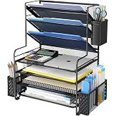 Simple Trending 7 Tier Desk File Organizer, Letter Tray Paper Organizer with Pen Holder and Metal Hanging Basket, Black