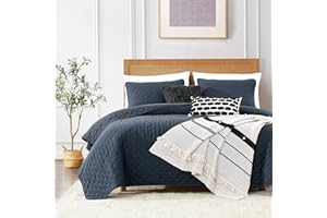 ROARINGWILD Navy Blue King Size Quilt Bedding Set with Pillow Shams, Lightweight Soft Bedspread Coverlet, Quilted Blanket Thin Comforter Bed Cover, All Season Summer Spring, 3 Piece, 104x90 inches