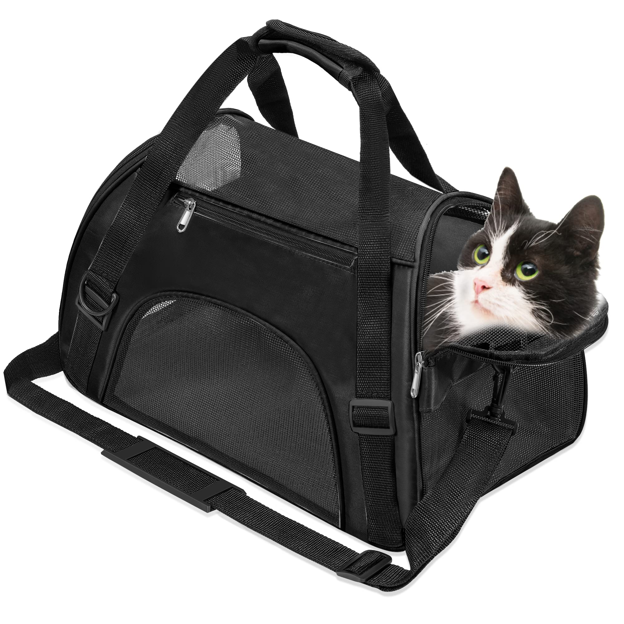 Soft-Sided Foldable Cat/Dog/Pet/Puppy Carrier Bag,Portable Pets Travel Carriers For Cats/Dogs/Pets With Shoulder Strap & Removable Mat,Durable Comfort Cat Basket Airline Approved(Black,Medium)