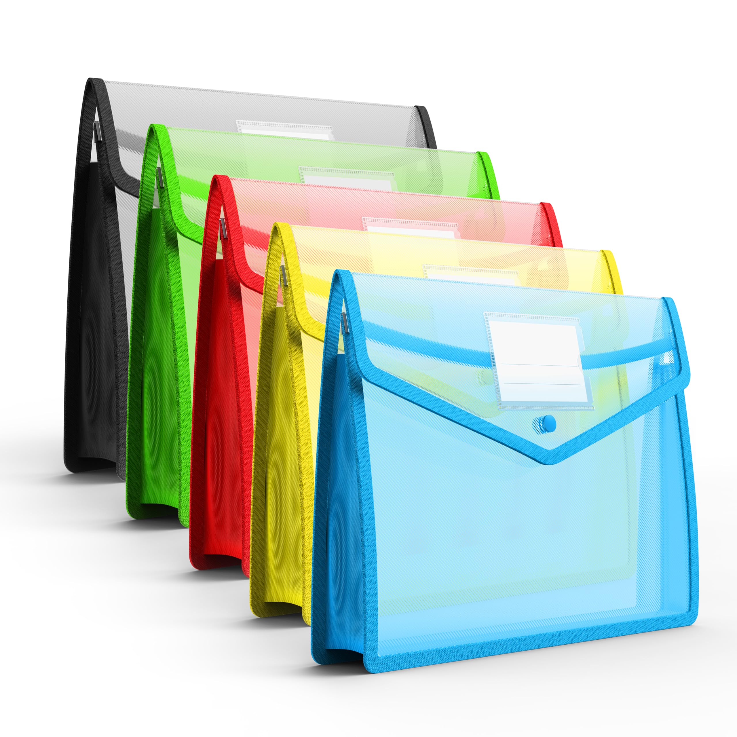 5 Pcs A4 Plastic Folders, Expandable Document Wallets Folders for Paperwork A4 Plastic Wallets with Popper Closure, Card Slots for School, Office and Home