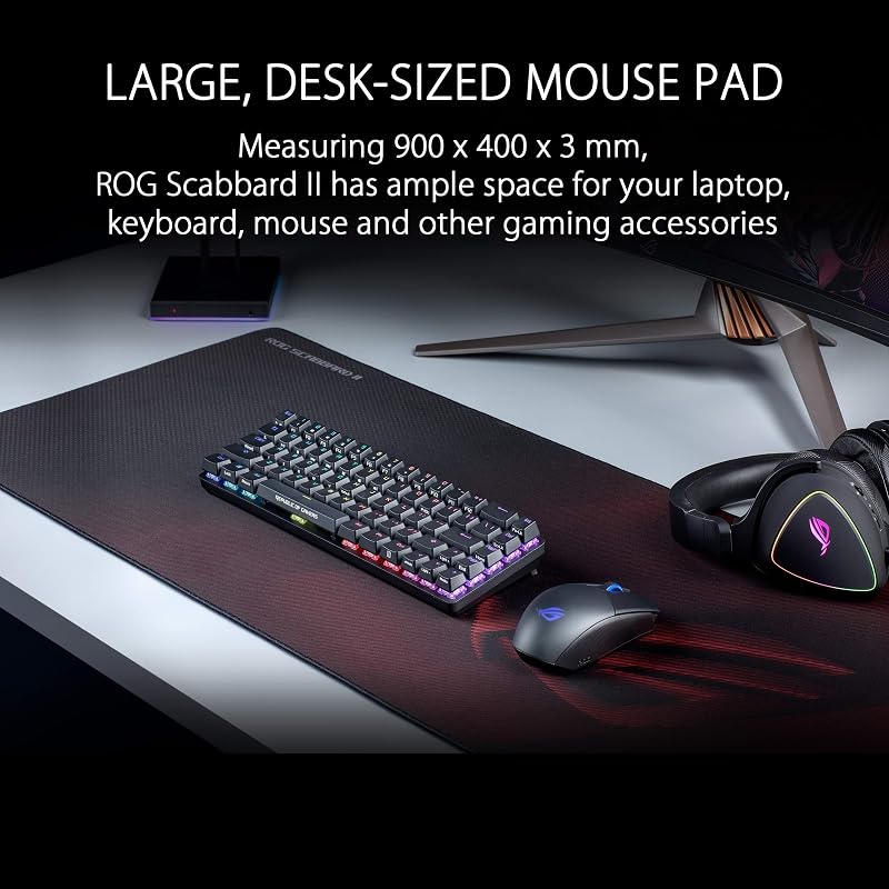ROG Scabbard II - Tapis de Souris Gamer Grand Format avec revêtement Protecteur(hydrophobe, oléophobe, Anti-poussière), Bords Anti-effilochements Cousus à Plat, Base en Caoutchouc Anti-dérapante