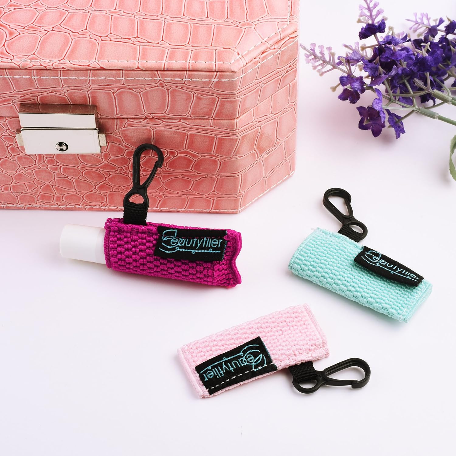 Beautyflier Clip-on Sleeve Chapstick Pouch Keychain Lipstick Holder Elastic Lip Balm Holster Travel Accessories (Black/Hot Pink/Purple/Robin Egg Blue/Pink) : Beauty