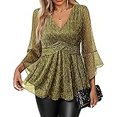 VALOLIA Womens Sparky Tops 3/4 Sleeve Glitter Sequin Shiny Dressy Blouses V Neck Party Evening Cocktail Shirts