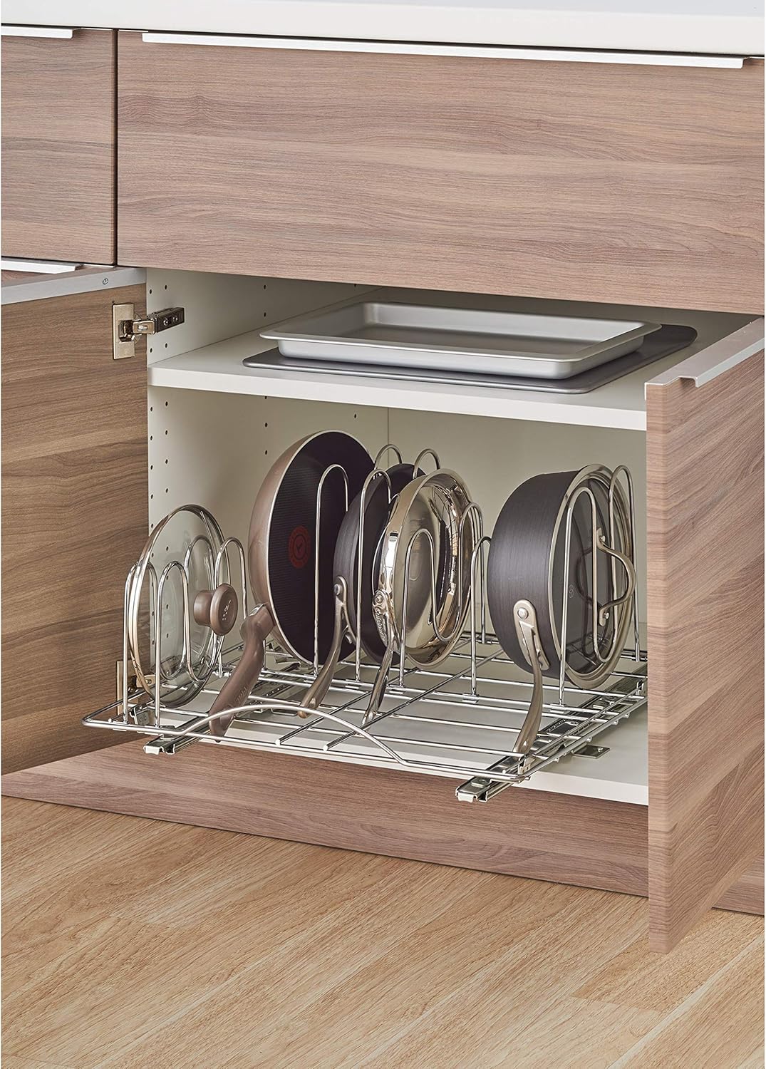 cabinet divider racks on Amazon Com Trinity Sliding Pot Organizer Chrome Home Kitchen