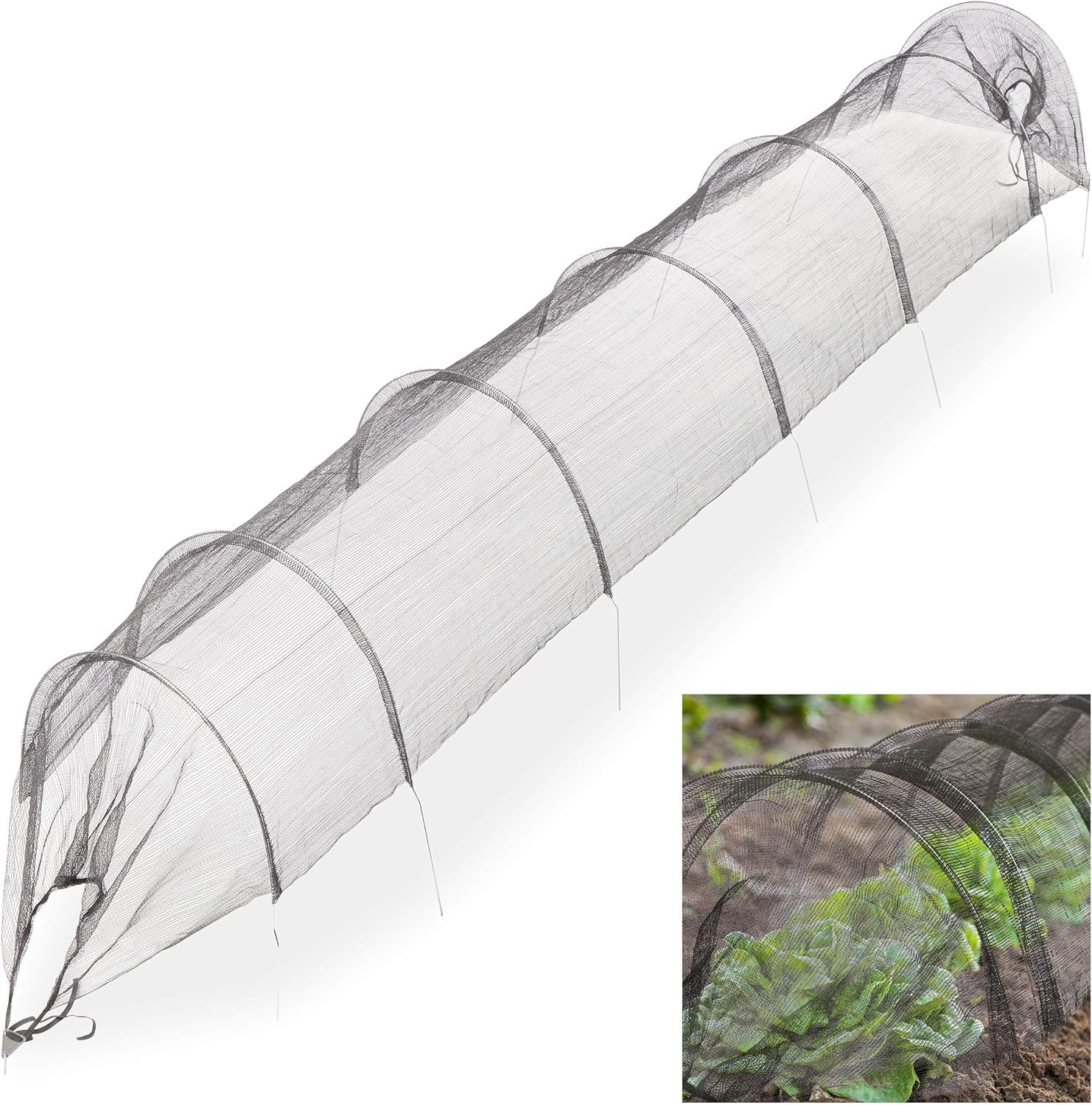 Relaxdays Netztunnel Garten 3,3 m, Beetabdeckung gegen Schädlinge und Insekten, feinmaschig, Pflanztunnel Bögen, schwarz