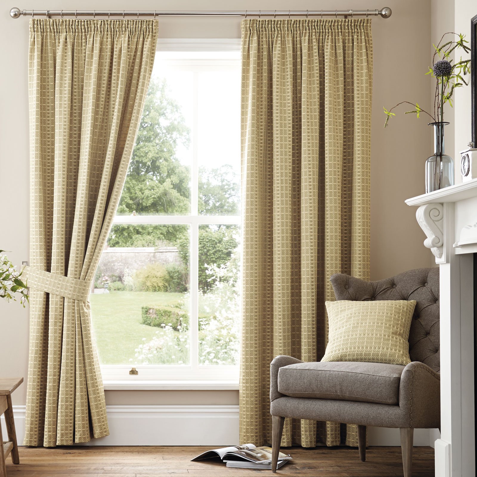 Just Contempo Woven Pencil Pleat Lined Curtains, Natural Cream, 44x72 inches