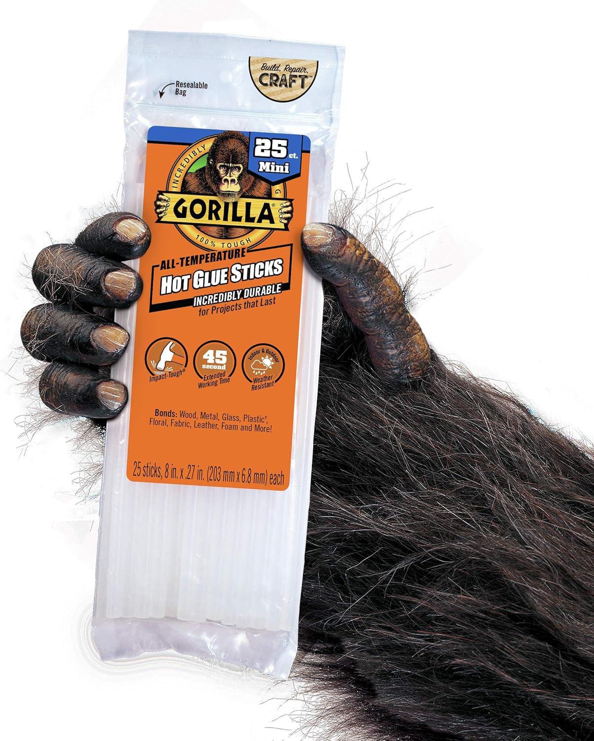 Gorilla Hot Glue Sticks, Mini Size, 8" Long x .27" Diameter, 25 Count, Clear, (Pack of 1): Home Improvement