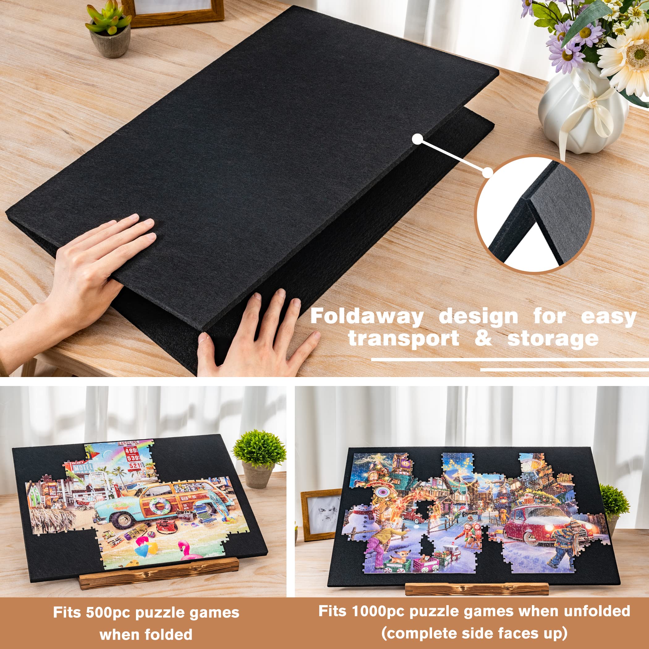 Tektalk Foldable Jigsaw Puzzle Board with 3 Angle Adjustable Bracket/Stand, Lightweight Portable Puzzle Mat Plateau with Wooden Easel, Foldaway Felt Puzzle Table, for Up to 1000 Pieces - Black