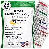 MFASCO 7 in 1 Travel Size Medicine Kit - TSA Approved | 28 First Aid Emergency OTC Medicine Packets for Cruise &amp; International Travel | Compact Med Refill for Traveling &amp; Office