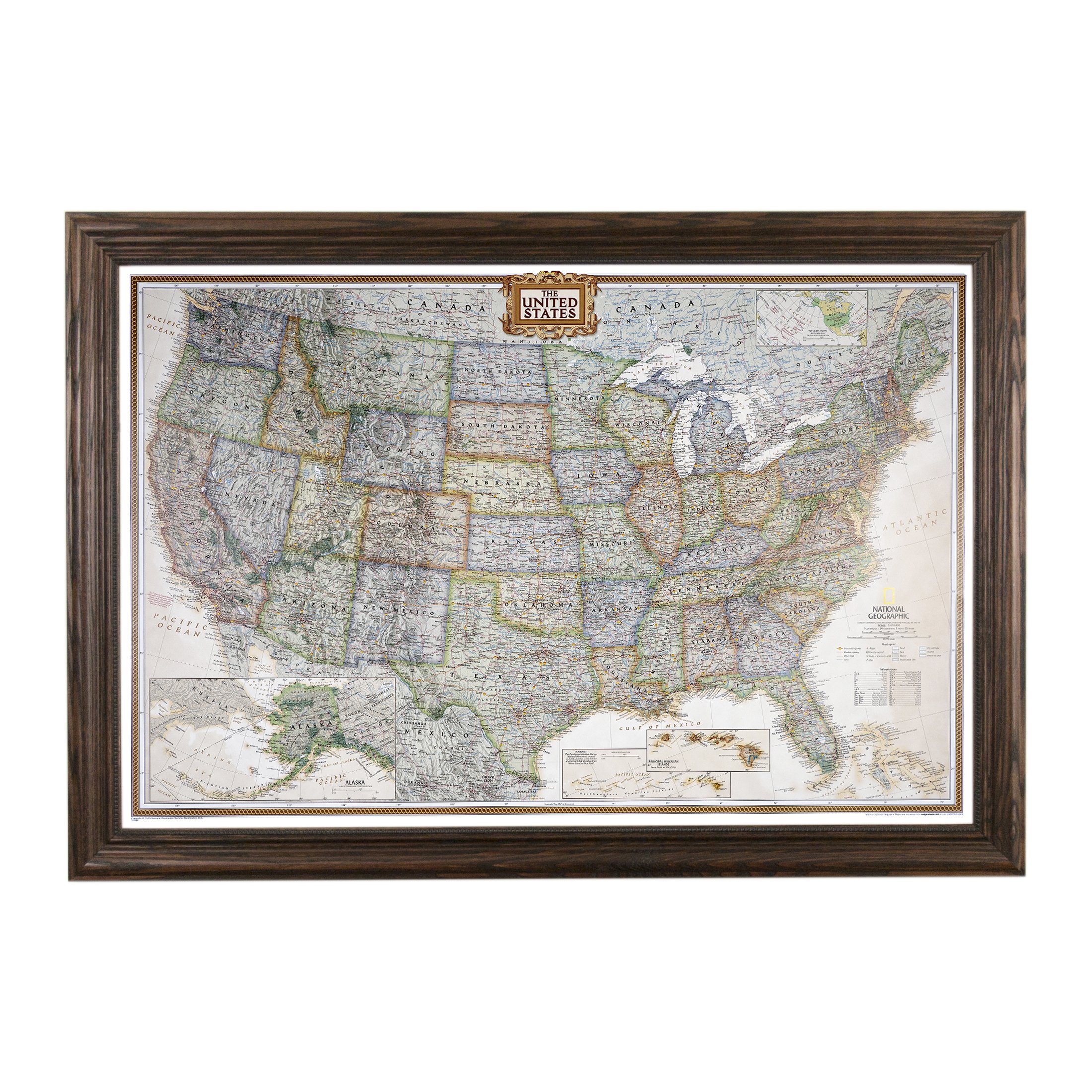 Push Pin Travel Maps - Executive US - Solid Wood Brown Framed Pin Map for Tracking Your Travels - 27.5" x 39.5" - 8 Handcrafted Frame Options - Made in USA - Ideal for Any Traveler