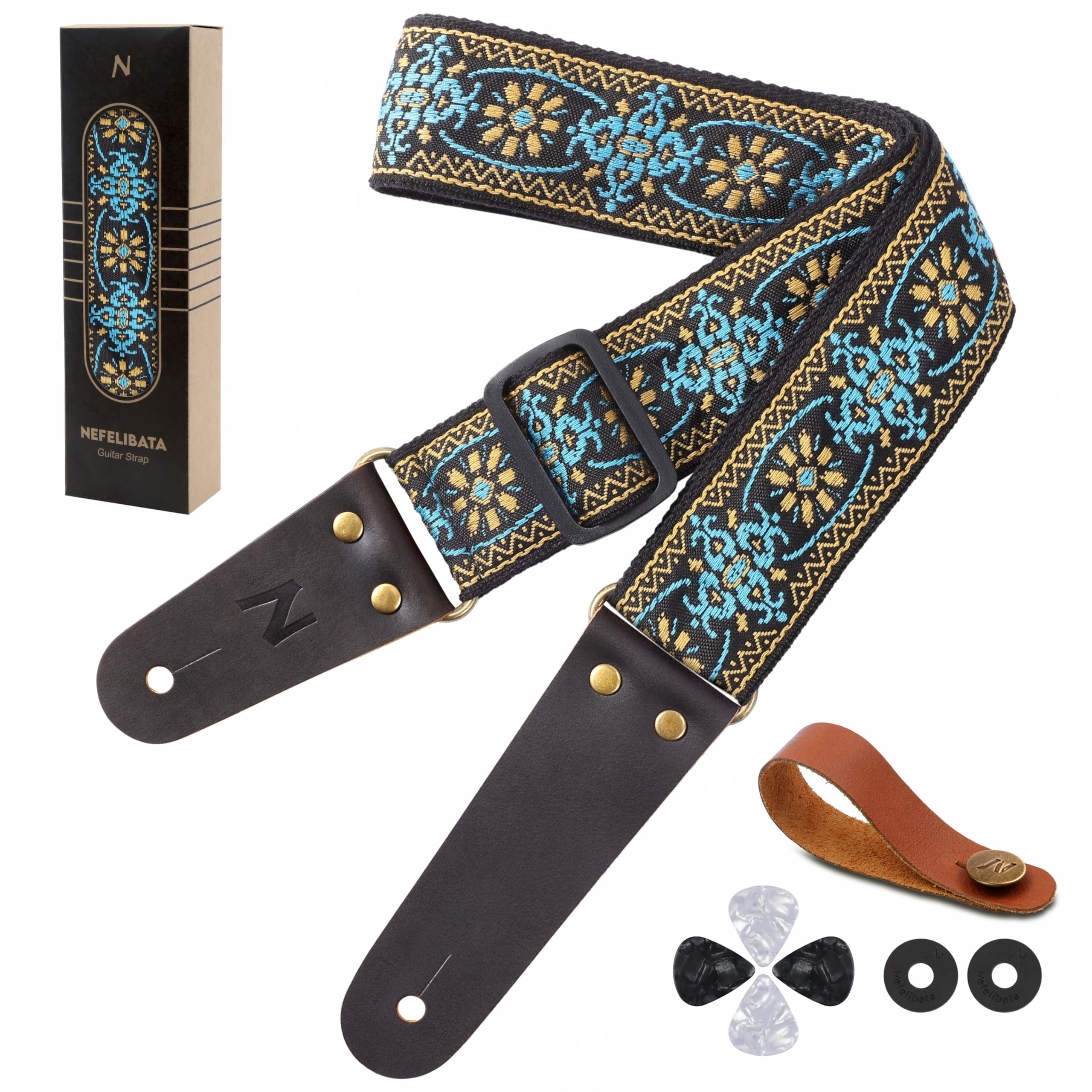 Nefelibata Guitar Strap, Embroidered Cotton Guitar Straps with Head Cowhide Leather Ends for Bass, Electric & Acoustic Guitars, Free Strap Button, 1 Pair Strap Locks and 4 Guitar Picks