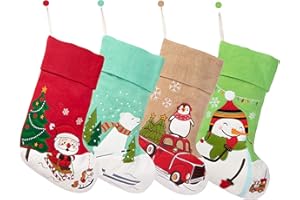 LUBOT Set of 4 Christmas Stockings(20inch) Embroidered Linen Burlap Applique Fireplace Hanging Christmas Stocking Ornament for Family Decorations Holiday Xmas Gift
