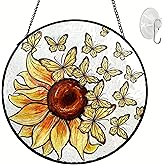 Sizavi Sunflower Suncatcher Butterfly Stained Glass Suncatchers 7.87 Inch Stained Glass Ornament for Home Decor Indoor Wall Art for Mother Women Friends