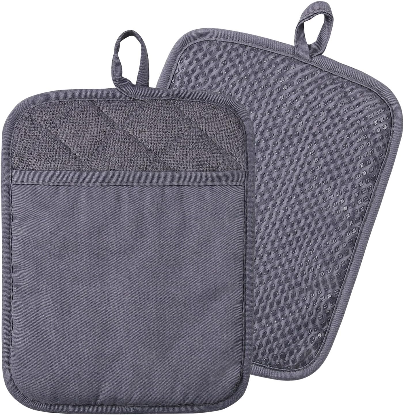 100% Cotton with Silicone Kitchen Everyday Basic Pot Holder Heat Resistant Coaster Potholder Oven Mitts with Pocket for Cooking and Baking Set of 2 Grey: Home & Kitchen