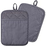 Lifaith100% Cotton with Silicone Kitchen Everyday Basic Pot Holder Heat Resistant Coaster Potholder Oven Mitts with Pocket for Cooking and Baking Set of 2 Grey