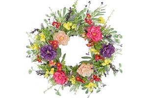 WreathDream Artificial Spring Summer Wreath Peony Wreaths for Front Door with Olive Leaf,Eucalyptus Leaf,Daisy,Lavender for Indoor Outdoor Wall Festival Home Farmhouse Wedding Decor