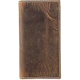 F&L CLASSIC Men's RFID Vintage Look Genuine Leather Long Bifold Wallet Checkbook Wallets,buffalo wax vintage leather,240 wax brown w/white stitching