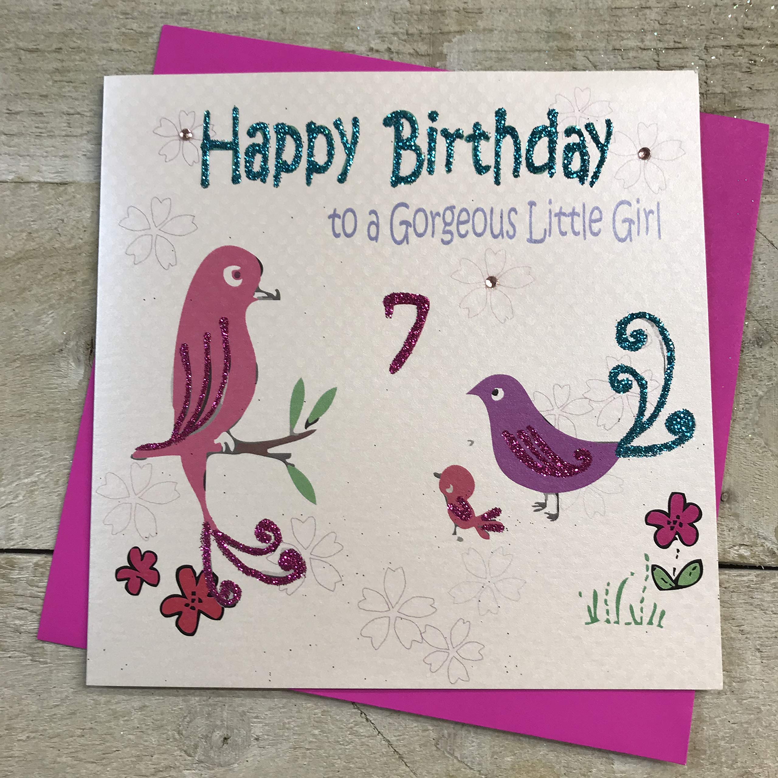 WHITE COTTON CARDS Happy Gorgeous Little Girl 7, Handmade 7th Birthday Card (Birds)