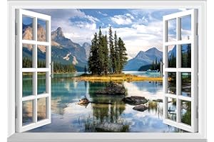FLFK Fake Window Wall Decal - Trees in the Lake Faux Window Wall Mural for Wall Decor, Peel and Stick Wall Sticker, 24"x16"