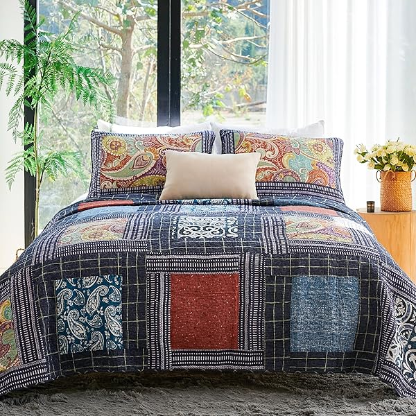 Secgo Quilts Queen-Size-Bettwäsche-Set, 100% Baumwolle, 228 x 248 cm, mit 2 Kissenbezügen, Patchwork, wendbar, leicht, gesteppt, passend für alle Jahreszeiten