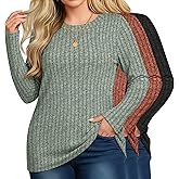 Velvelhall 3 Pack Women's Plus Size Tunic Sweaters Ribbed Long Sleeve Slim Fit Shirts Crewneck Pullover Casual Tops