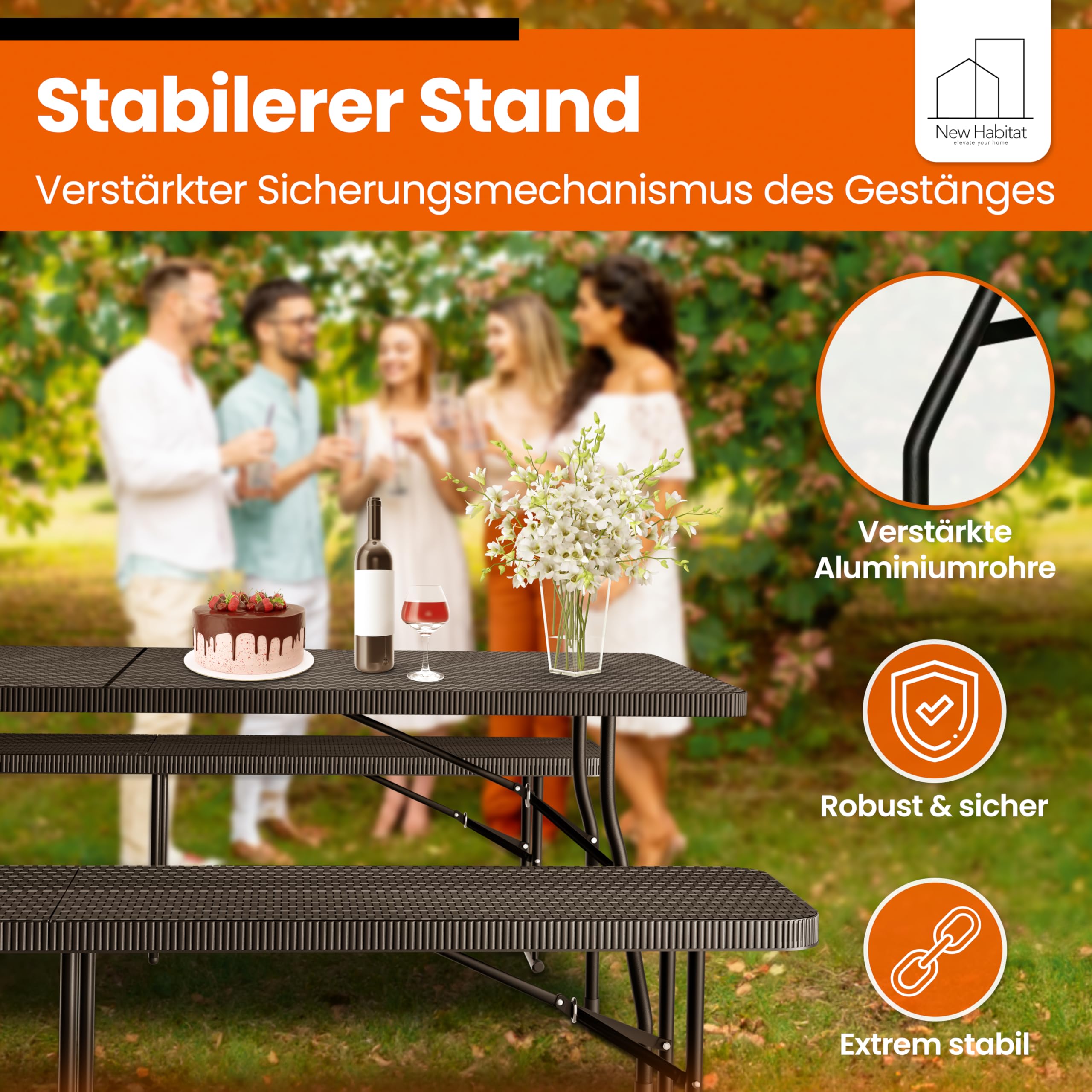 NewHabitat Kunststoff Bierzeltgarnitur Klappbar I 3er Set, Tisch + 2 x Bank mit Tragegriffe, Biertischgarnitur, Festzeltgarnitur, Bierbank klappbar, HxBxT: 75x180x75 cm (Schwarz) 7