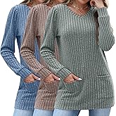 Oakgarden 3 Pack Women's Long Sweaters to Wear with Leggings Long Sleeve V Neck Tunic Sweaters with Pockets 2026 Casual Tops