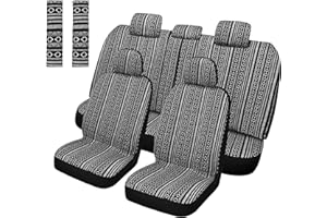 Pariitadin Baja Saddle Blanket Car Seat Covers Full Set with Seat Belt Pads, Washable Breathable Striped Woven Cloth Seat Covers for Cars, Universal Fit Most Cars, Airbag Compatible, Black/White