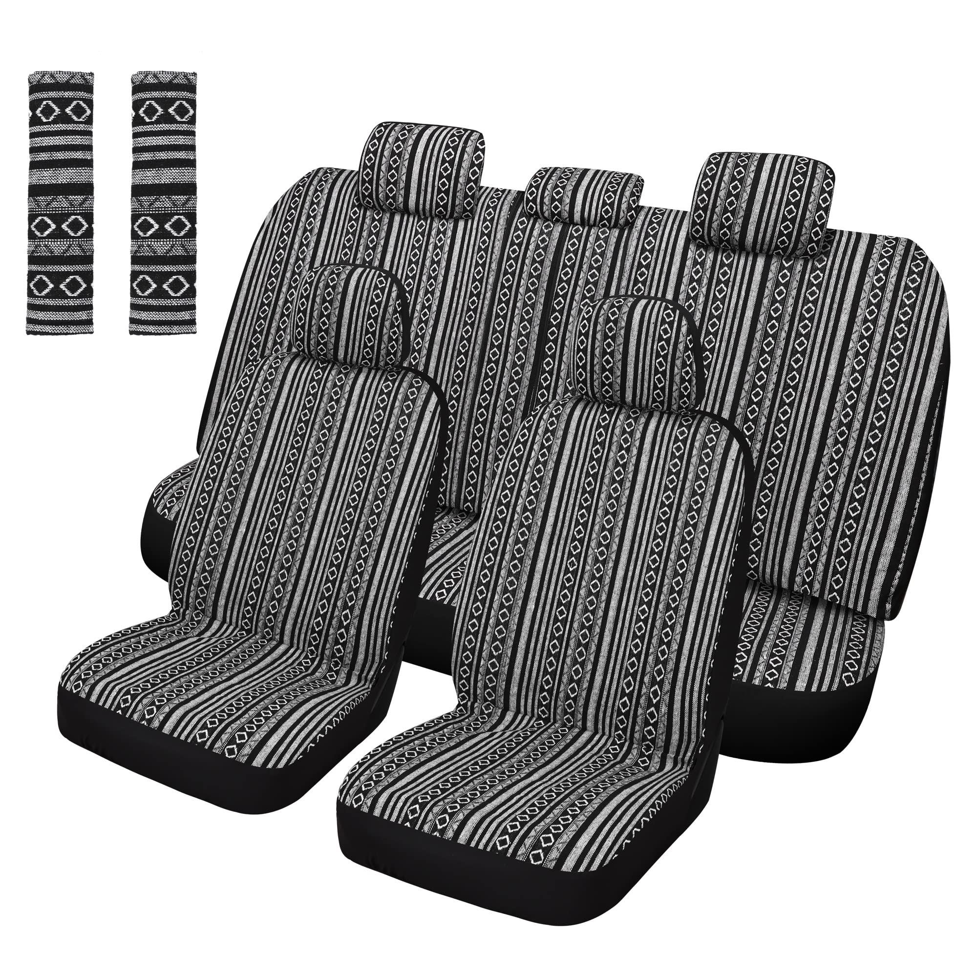 Photo 1 of Pariitadin Baja Saddle Blanket Car Seat Covers Full Set with Seat Belt Pads, Washable Breathable Striped Woven Cloth Seat Covers for Cars, Universal Fit Most Cars, Airbag Compatible, Black/White