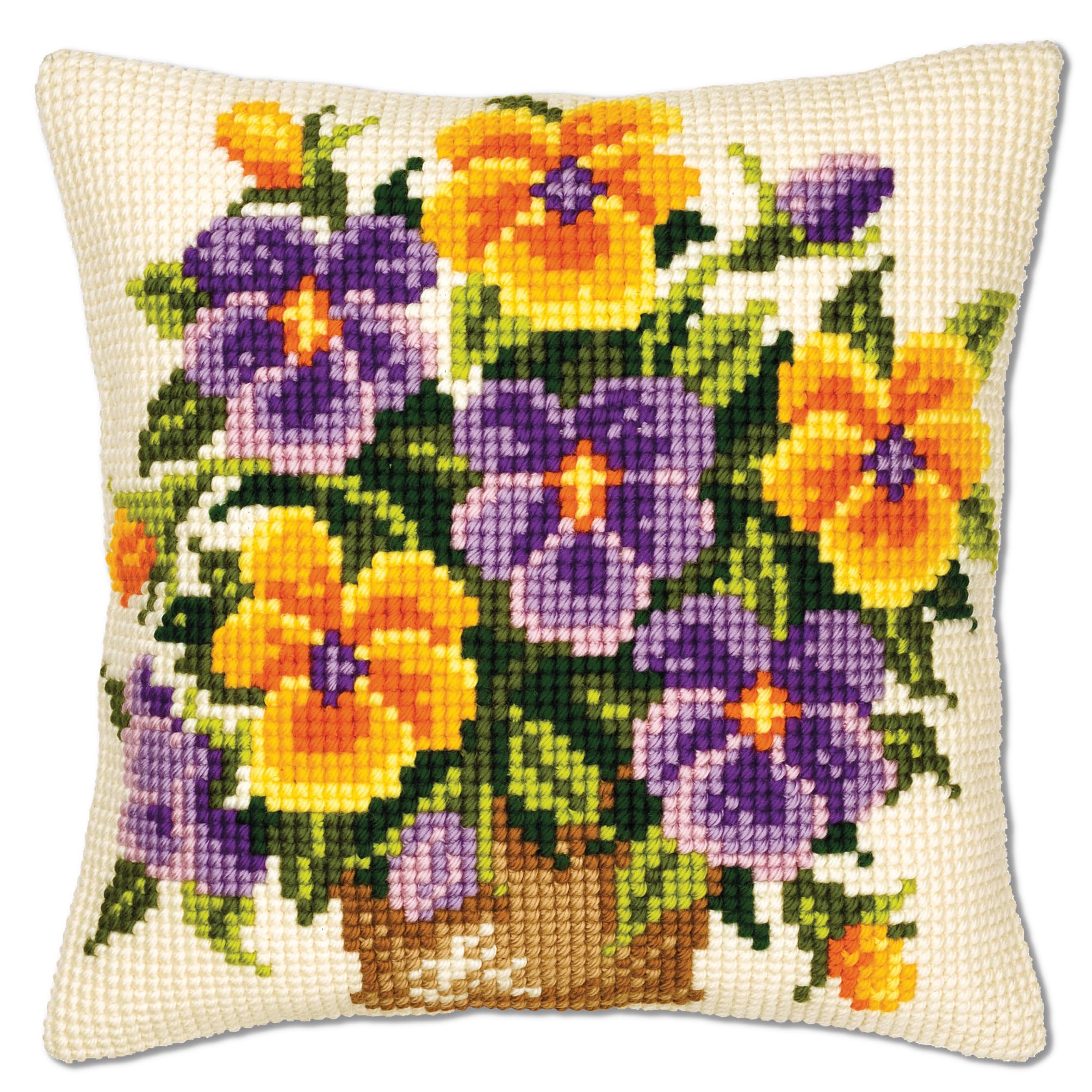 Vervaco Yellow and Purple Pansies Cross Stitch Cushion, Multi-Colour