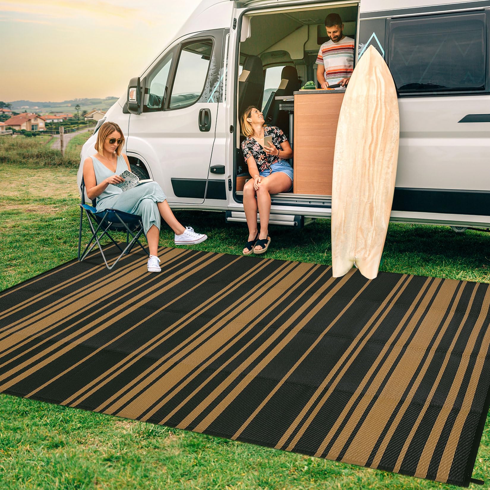GlowSol Outdoor Patio Rug 9×18 Outdoor Plastic Straw Rug Reversible Mat Clearance,Striped Waterproof Camping Rugs for Front Porch Deck Backyard Outside Porch RV Camper Picnic Balcony Beach,Brown
