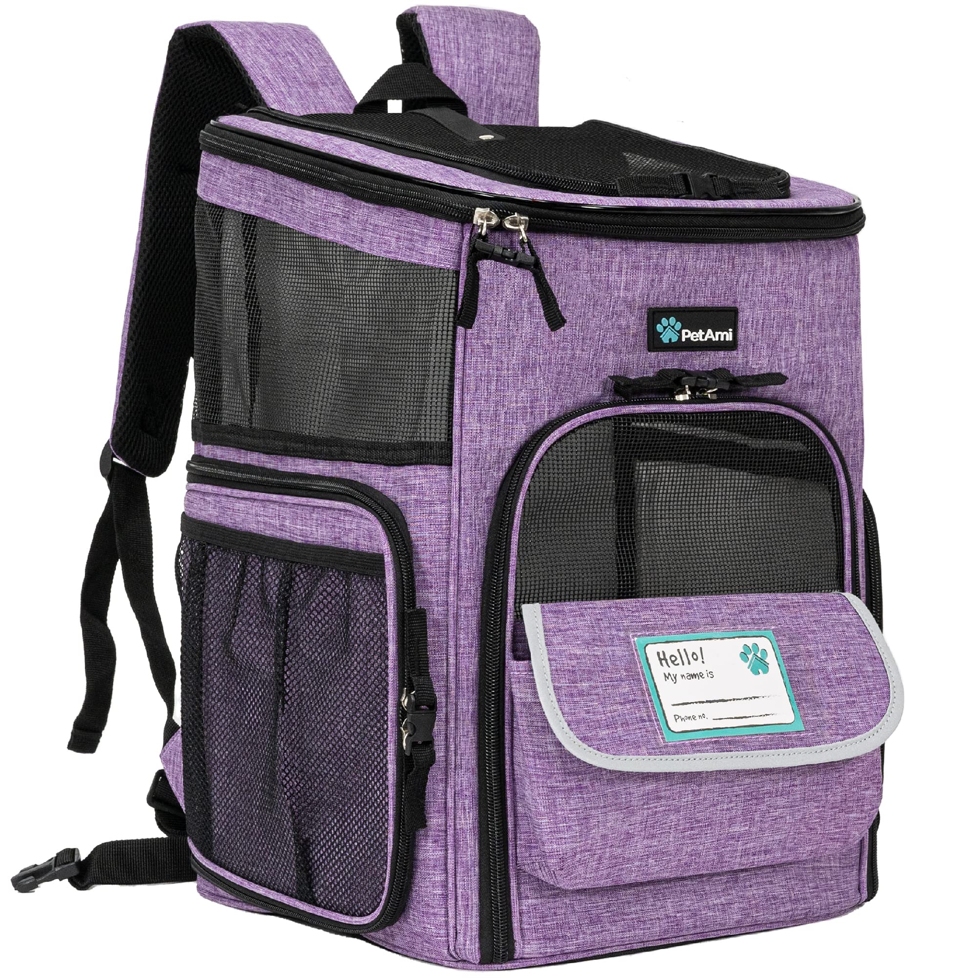 Photo 1 of PetAmi Dog Backpack Carrier, Airline Approved Cat Backpacks for Carrying Small Large Cats, Pet Carrier Back Pack, Ventilated Soft Sided for Travel, Hiking, Camping, Max 18 lbs, Purple
