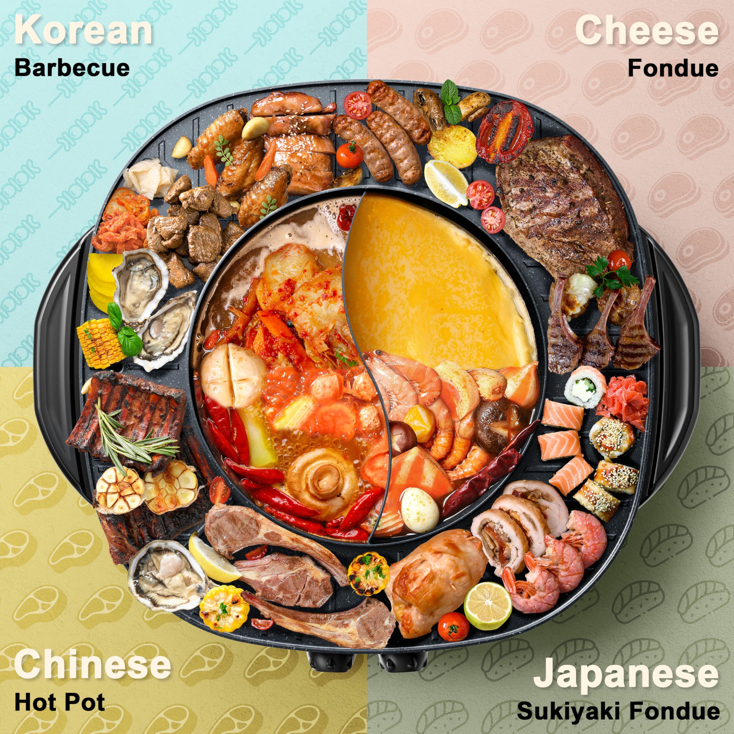 Stariver Hot Pot Electric with Grill 2 in 1, Indoor Korean BBQ & Shabu Shabu, Features Easy-clean Non-stick Coating, Dual Controls, 1800W Fast Heating, Perfect for Family Gatherings or Friends Parties