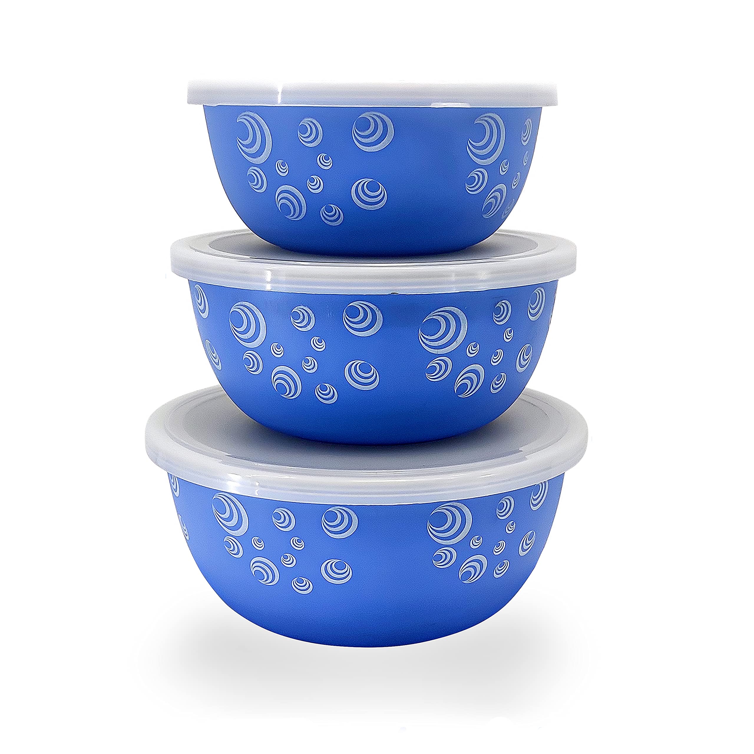 Zaib Microwave Safe Stainless Steel Mixing Bowl Set with Lids | Spiral Print | 500ml, 750ml, 1250ml | Blue Euro Design Food Storage Containers for Kitchen | Pack of 3
