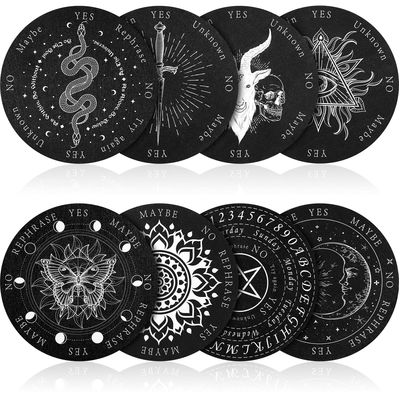 8 Pack 6 Inch Pendulum Board Set for Divination, Wooden Double Sided Dowsing Board, Black White Divination Metaphysical Message Witch Set for Witchcraft Wiccan Altar Supplies Beginner