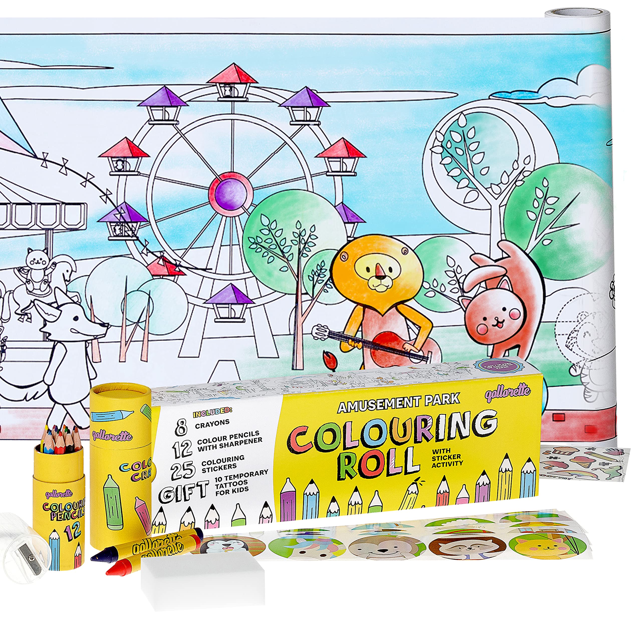 qollorette Colouring Set for Children Including Roll, Colored Pencils, Crayons and Stickers Amusement Park - Craft Kit Gift for Kids, 480 x 29cm (16 feet)